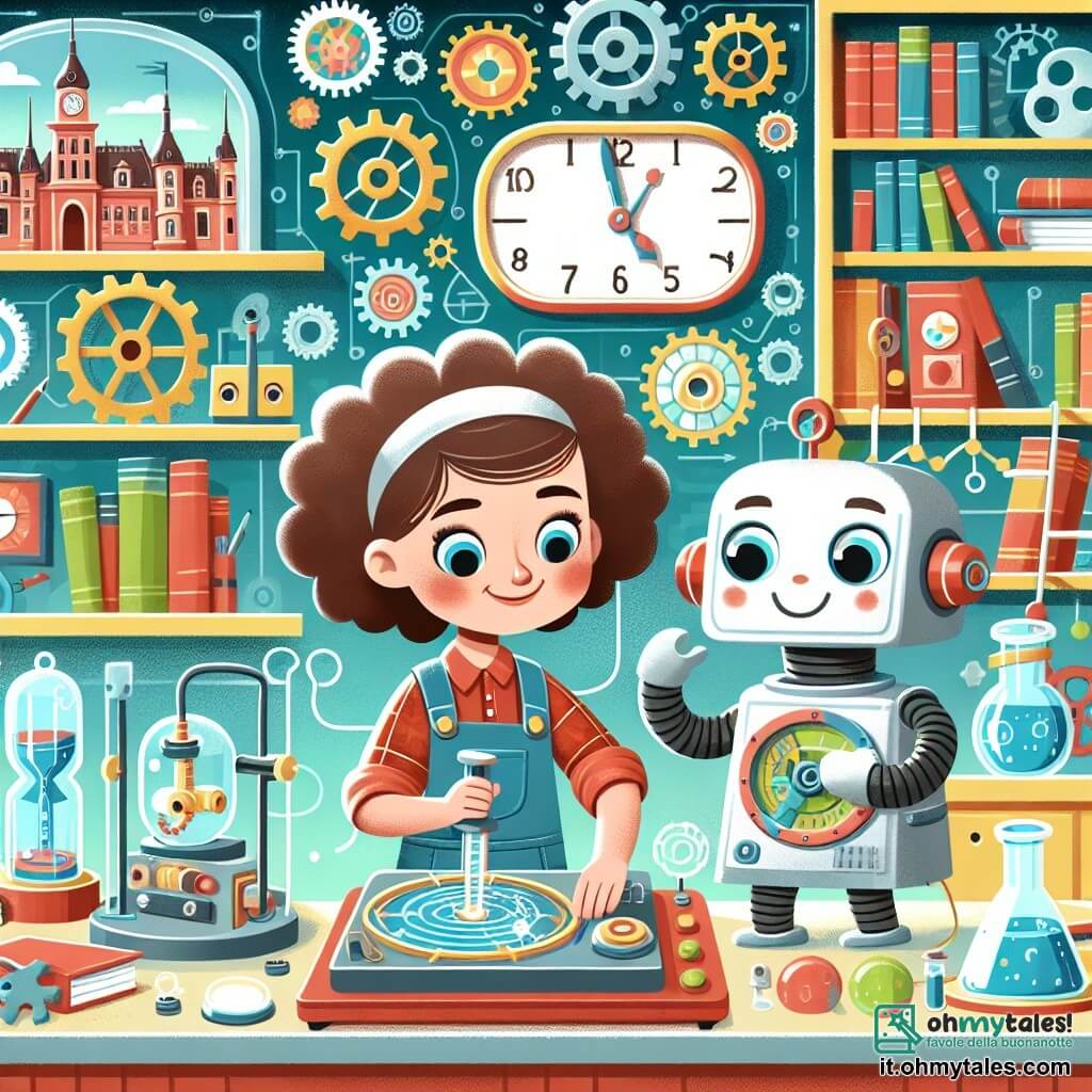 Une illustration destinée aux enfants représentant une inventrice brillante, une fillette aux cheveux bouclés, travaillant sur sa machine du temps avec l'aide d'un robot souriant, dans un laboratoire coloré rempli d'engrenages et de livres de science, situé dans la ville féerique de Crinolina.