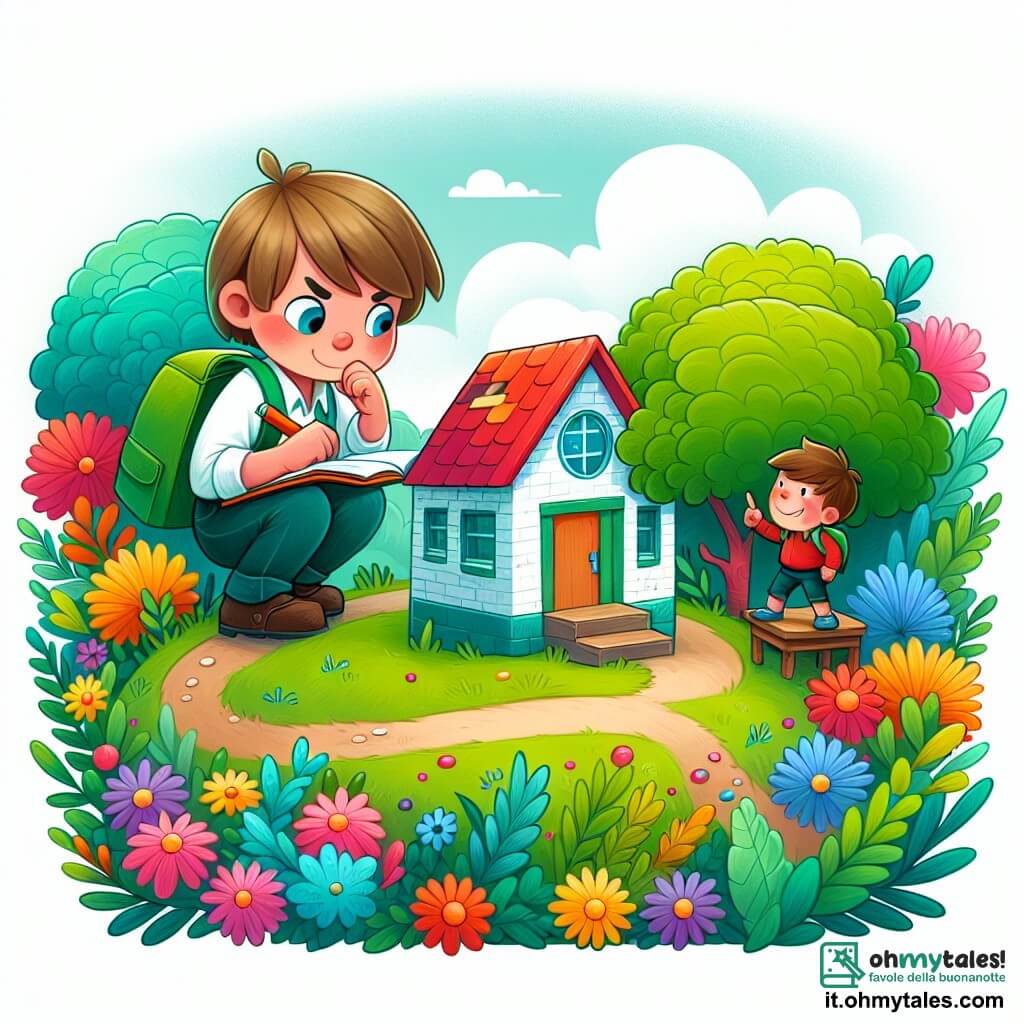 Une illustration destinée aux enfants représentant un garçon curieux et courageux confronté à un conflit avec un garçon birichino à l'école, dans une petite maison colorée en haut d'une colline, entourée d'arbres verts et de fleurs multicolores.