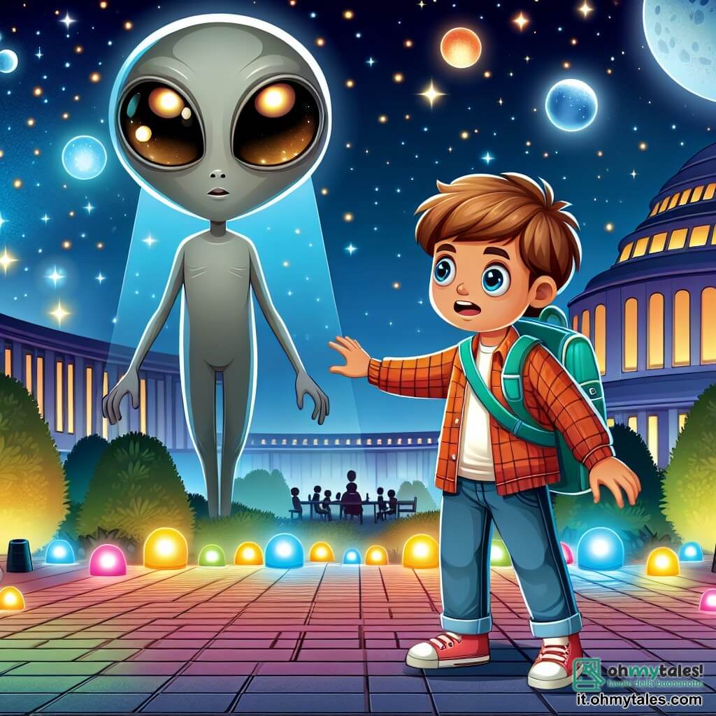 Une illustration destinée aux enfants représentant un jeune garçon curieux et courageux, qui rencontre des extraterrestres aux yeux brillants dans un cortile rempli de luci colorate, sur un planète lointaine appelée Luxaria.