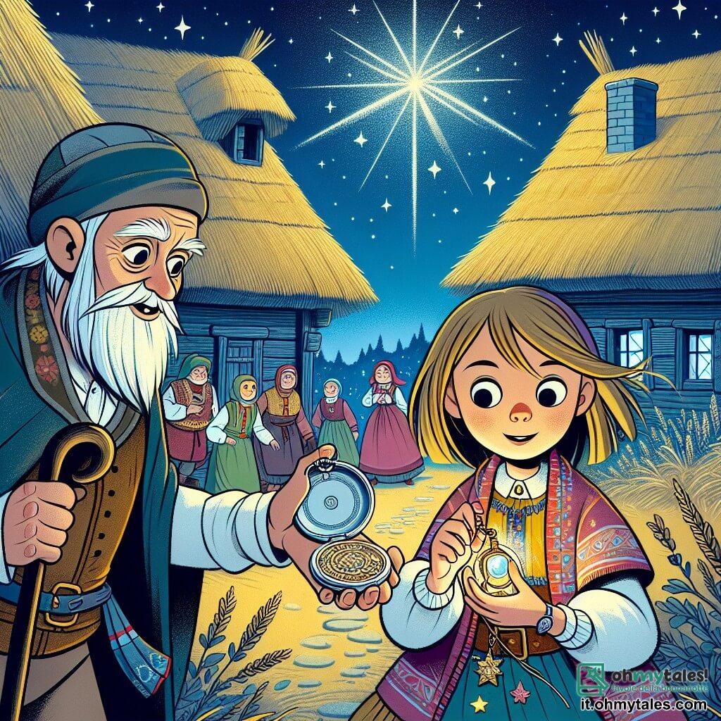 Une illustration destinée aux enfants représentant une jeune fille intrépide, tenant un mystérieux orologio d'argento, accompagnée d'un sage nonno, explorant un village ancien avec des maisons de paille et des habitants vêtus de costumes colorés, sous un ciel étoilé scintillant.
