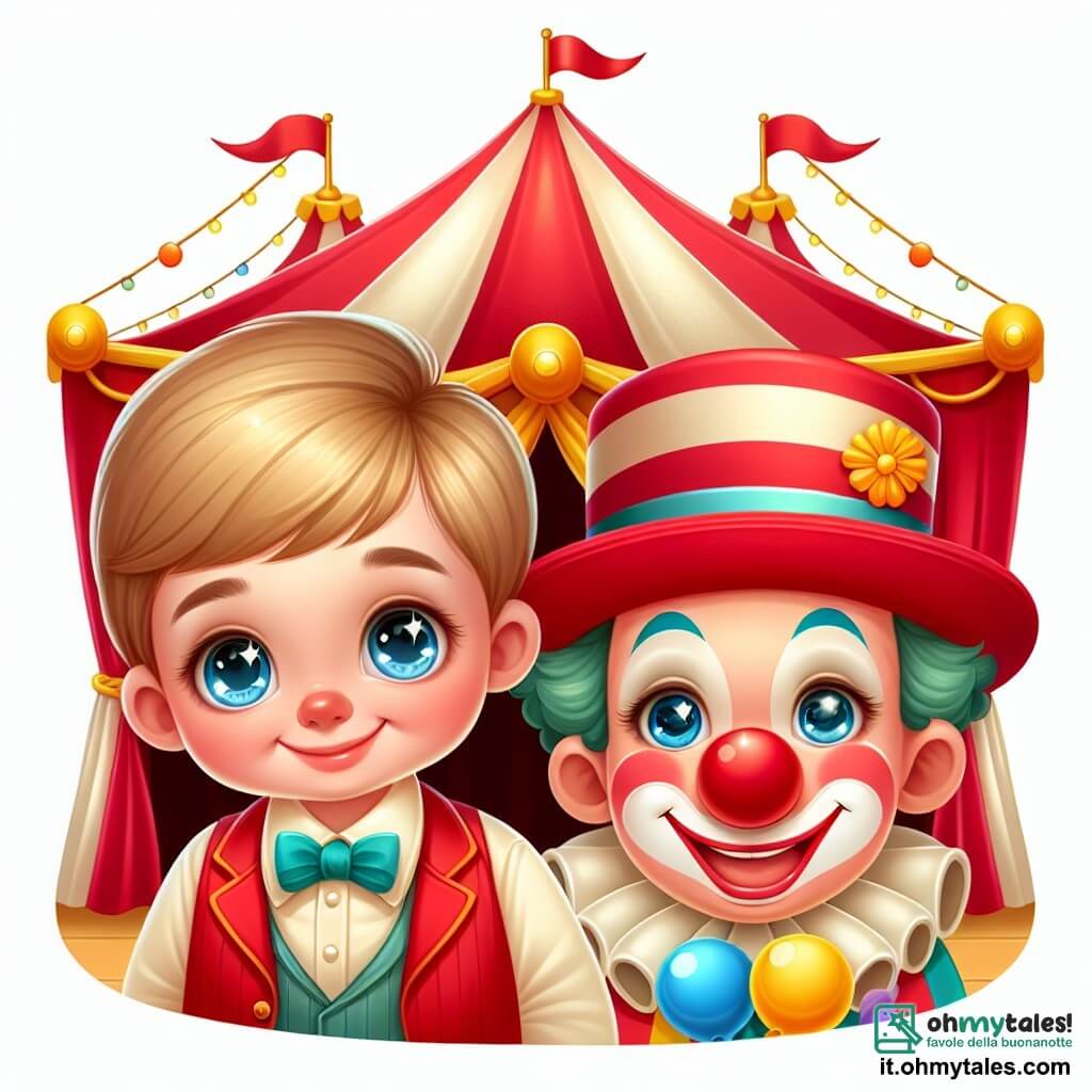 Une illustration destinée aux enfants représentant un petit garçon aux yeux pétillants, un clown jovial avec un nez rouge lumineux, sous la grande tente rouge et blanche du Circo della Risata.