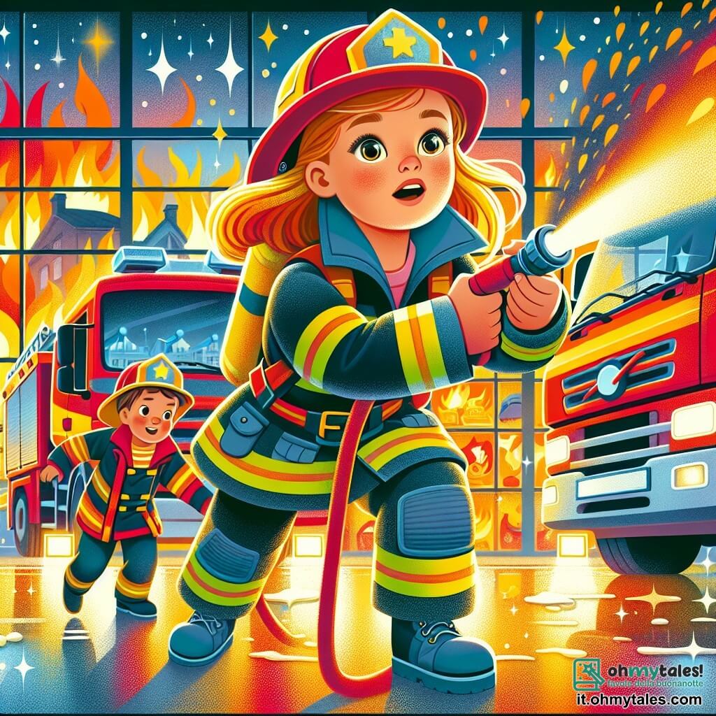 Une illustration destinée aux enfants représentant une jeune pompière courageuse affrontant un incendie avec l'aide d'un petit garçon enthousiaste, dans une caserne de pompiers colorée et pleine de camions étincelants.