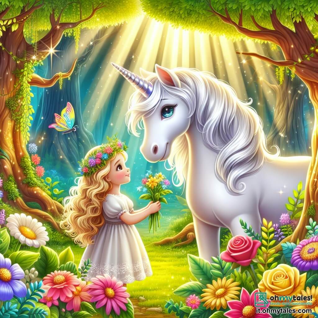 Une illustration destinée aux enfants représentant une magnifique licorne blanche, aux yeux étincelants, rencontrant une petite fille aux boucles dorées dans une clairière enchantée, entourée de fleurs aux couleurs vives et baignée par la lumière douce du soleil, dans un bosquet magique aux arbres centenaires et aux feuilles scintillantes.