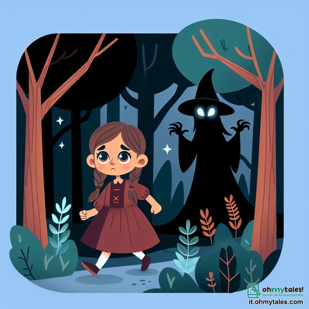 Une illustration destinée aux enfants représentant une fillette courageuse, perdue dans une forêt sombre et lugubre, où une sorcière maléfique aux yeux luisants l'observe furtivement depuis l'ombre.