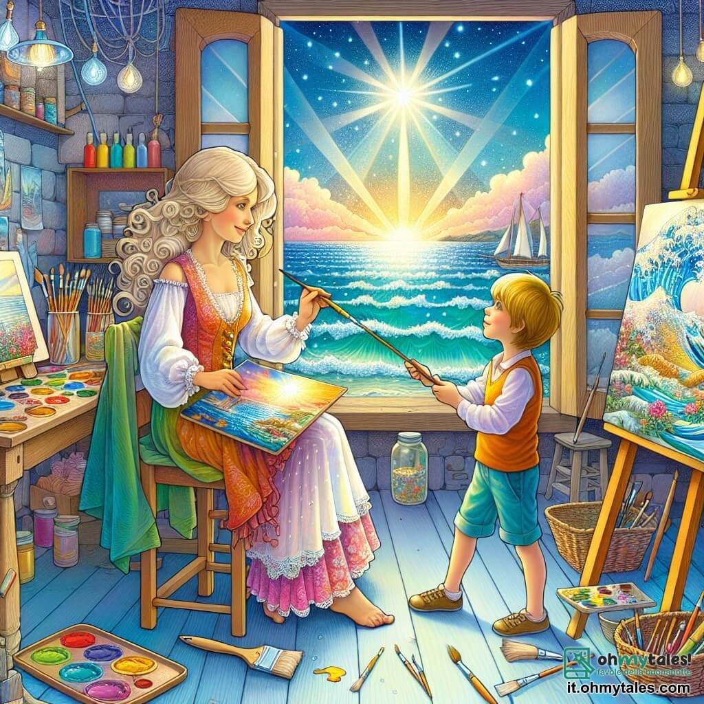 Une illustration destinée aux enfants représentant une artiste femme talentueuse peignant un magnifique paysage marin avec l'aide d'un garçon curieux dans son atelier lumineux rempli de toiles colorées et de pinceaux étincelants près de la mer scintillante.