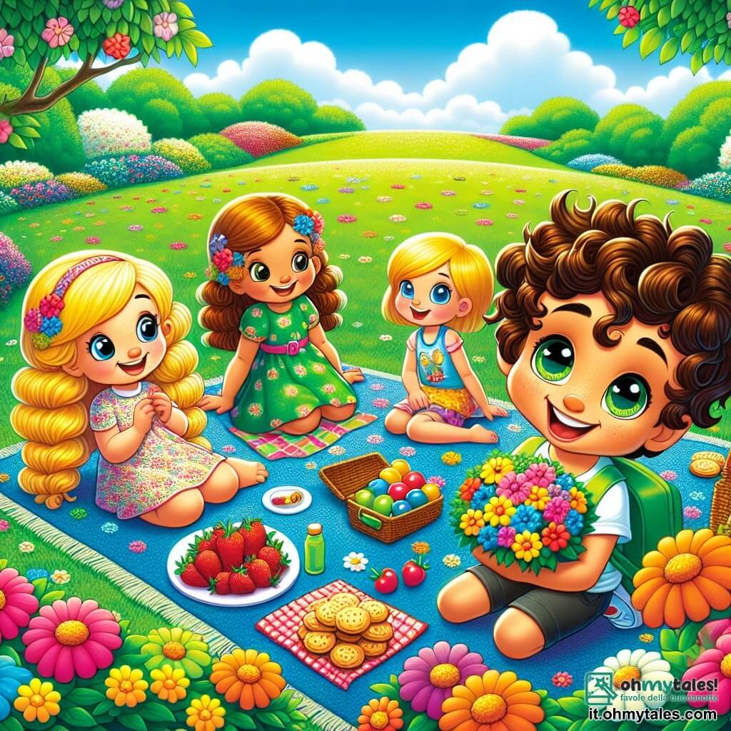 Illustrazione che rappresenta un grande parco verde sotto un cielo azzurro chiaro, punteggiato da alcune nuvole bianche e soffici. Al centro, una grande coperta colorata è stesa sull'erba, circondata da fiori brillanti di tutti i colori. Un bambino di cinque anni, con capelli castani e ricci, e grandi occhi scintillanti, è seduto sulla coperta con un grande sorriso sul volto. Accanto a lui, una bambina di cinque anni, con lunghi capelli biondi intrecciati, indossa un vestito a fiori e guarda gioiosamente un grande mazzo di fiori che ha raccolto. Dietro di loro, un bambino di sei anni, con capelli castani e occhi maliziosi, sta servendo fragole succose in un piccolo piatto, mentre una bambina di sei anni, con capelli corti e una gamba in meno, usa le sue stampelle colorate per muoversi con un grande sorriso. Tutti i bambini stanno preparando un picnic sorpresa per le loro mamme, con biscotti e succo d'arancia disposti sulla coperta. L'atmosfera è gioiosa e festosa, piena di risate e felicità. Farfalle colorate volano attorno a loro, aggiungendo un tocco di magia a questo momento speciale della festa della mamma.