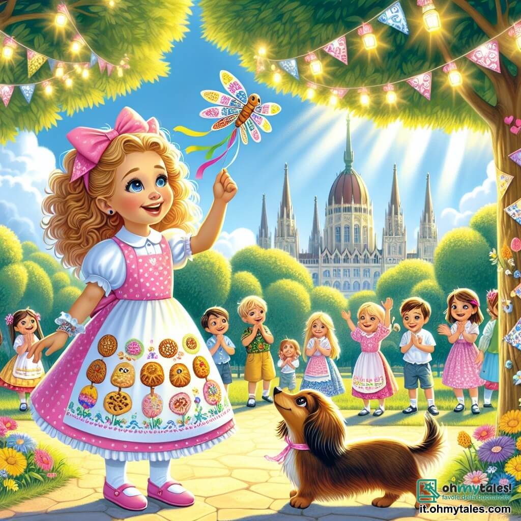 Illustrazione di un parco soleggiato, pieno di verde brillante e fiori colorati, con alberi maestosi che danzano dolcemente al vento. Al centro dell'immagine, una ragazza di 9 anni con capelli biondi e ricci, indossa un bel grembiule rosa decorato con disegni di frittelle, sorride mentre tiene una frittella con piccole ali di carta. Accanto a lei, un piccolo cane marrone a pelo setoso, un bassotto, guarda con curiosità la frittella pronta a volare. Sullo sfondo, un gruppo di bambini di circa 8-10 anni osserva stupito, alcuni applaudendo e altri ridendo, mentre una frittella colorata si alza in cielo, fluttuando come una piccola nuvola. Palloncini colorati e festoni decorano il parco, aggiungendo un'atmosfera festosa a questa scena gioiosa e magica.