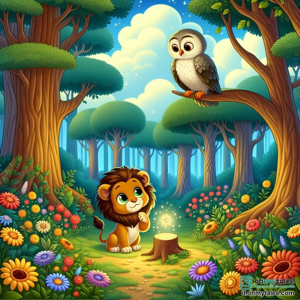 Illustrazione che rappresenta una foresta incantata, dove grandi alberi dai tronchi spessi si ergono verso un cielo blu punteggiato di nuvole bianche e soffici. Fiori colorati, dai petali brillanti di rosso, giallo e viola, punteggiano il suolo verde, mentre una dolce luce dorata filtra tra le fronde. Al centro dell'immagine, un giovane leone dagli occhi brillanti e dal manto dorato, che scintilla come il sole, osserva con curiosità. Ha una criniera nascente, leggermente arruffata, e le sue zampe sono posate su un sentiero di terra battuta. Guarda con meraviglia un piccolo cristallo magico che emette una luce calda, illuminando il suo viso. Accanto a lui, un saggio gufo dalle piume argentate, posato su un ramo basso, osserva attentamente la scena. I suoi grandi occhi rotondi e birichini sembrano pieni di saggezza, mentre inclina leggermente la testa, come per incoraggiare il leone a seguire il suo cuore. La situazione principale mostra il leone che scopre il cristallo magico, simboleggiando avventura e scoperta. Raggi di luce emanano dal cristallo, creando un'atmosfera magica e incantevole, mentre piccoli animali della foresta, come scoiattoli e uccelli colorati, si radunano intorno, curiosi di questo momento speciale.