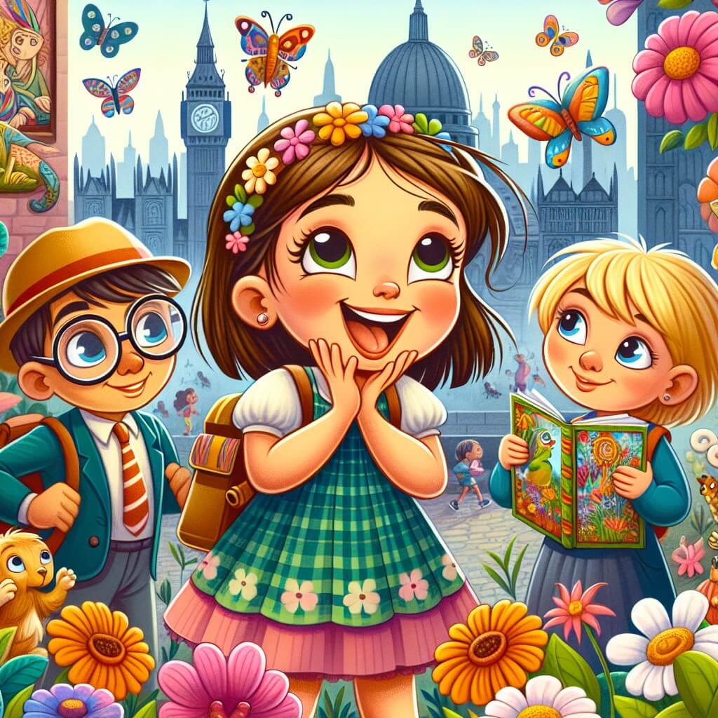 Une illustration destinée aux enfants représentant une jeune fille curieuse et pleine d'enthousiasme, découvrant un jardin secret rempli de fleurs colorées et d'animaux exotiques, accompagnée de ses nouveaux amis, un garçon aux lunettes et une timide artiste, dans une ville accueillante et multiculturelle.
