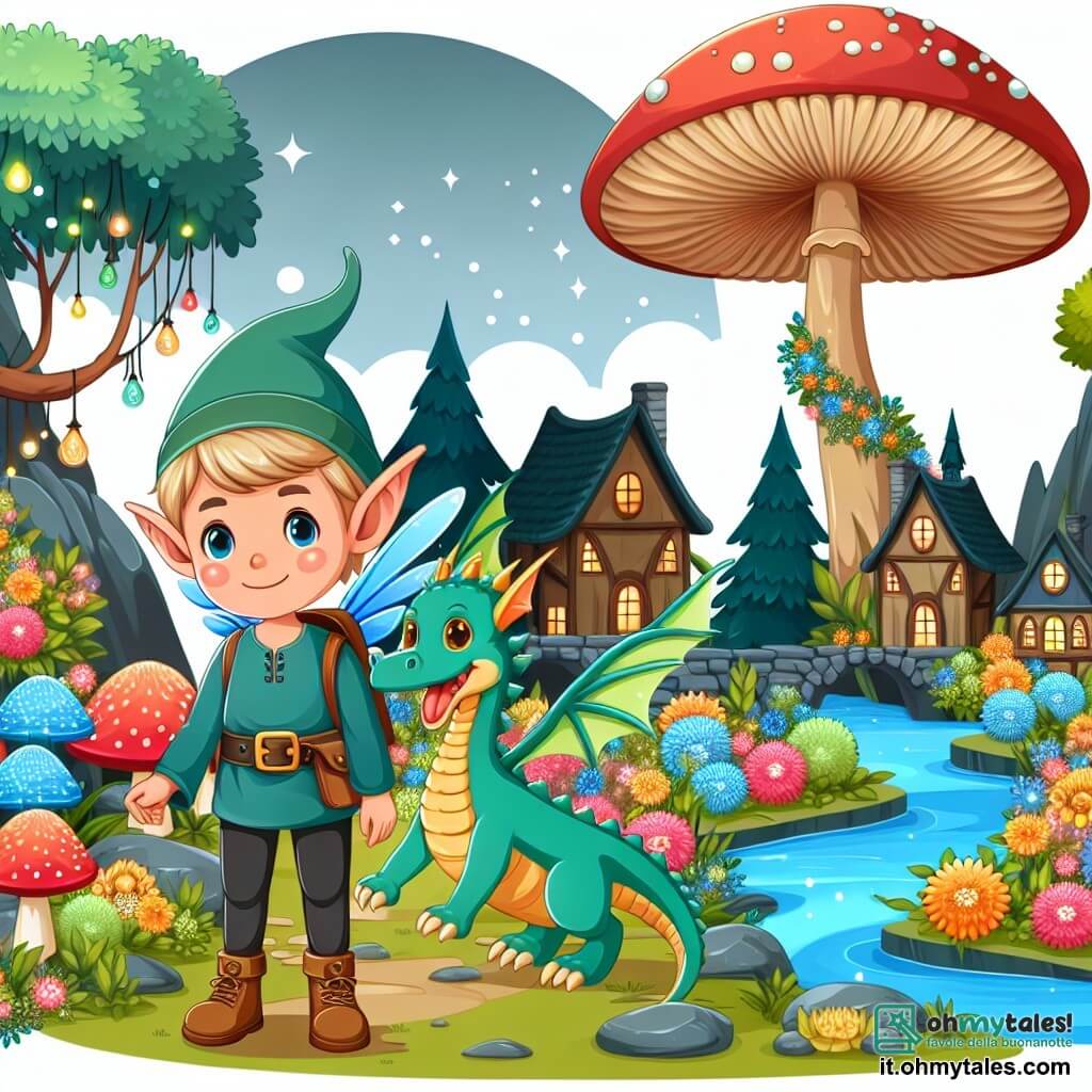Une illustration destinée aux enfants représentant un elfe joyeux, accompagné d'un adorable dragon, dans un village enchanté caché au cœur d'une forêt magique, remplie de champignons lumineux, de fleurs aux couleurs vives et de ruisseaux scintillants.