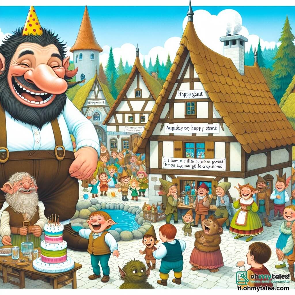 Une illustration destinée aux enfants représentant un géant joyeux organisant une fête d'anniversaire pour un géant au nez pointu, avec des créatures rigolotes comme un topolino curieux, dans le pittoresque Villaggio dei Giganti Felici au cœur d'un bosco incantato.