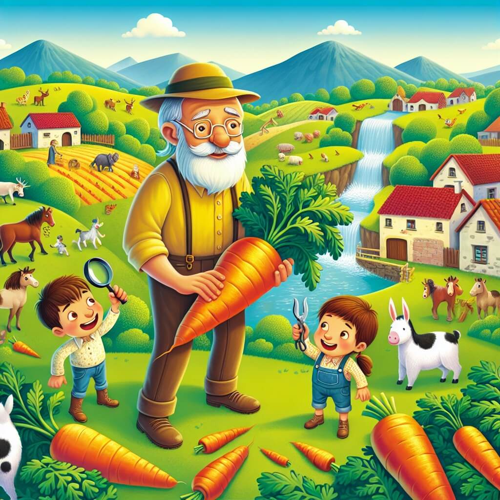 Une illustration destinée aux enfants représentant un homme gentil et robuste, un agriculteur passionné, confronté à la disparition mystérieuse d'un mazzo de carottes, avec l'aide de deux jeunes détectives, dans un charmant village de campagne nommé Cascina Felice, entouré de vastes champs verdoyants, d'animaux heureux et d'une magnifique cascade.
