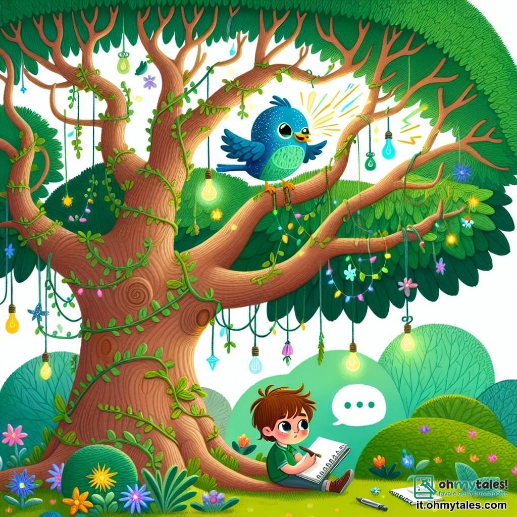 Une illustration sous forme de dessin destinée aux enfants représentant un grand arbre de fico majestueux, aux feuilles verdoyantes et aux branches étendues, où un garçon de 9 ans, aux cheveux châtains et aux yeux pétillants, est assis sur une branche, un carnet de croquis sur les genoux, absorbé dans ses pensées, tandis qu'un petit oiseau bleu aux plumes scintillantes, perché à côté de lui, lui parle avec enthousiasme, évoquant un voyage d'aventure et de sagesse dans un monde coloré rempli de fleurs et de lumières, symbolisant la quête de connaissances et d'amitié.