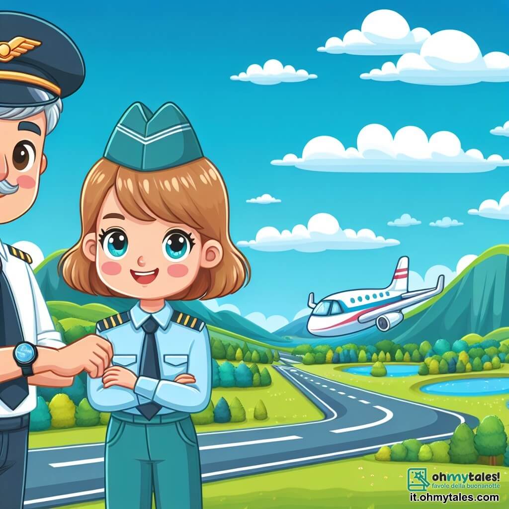 Une illustration destinée aux enfants représentant une pilote d'avion passionnée, prête à réaliser son premier vol en solitaire, accompagnée par son mentor, le Capitaine Rossi, dans le magnifique aéroport local de Campobello, entouré de verdoyantes colline et d'un ciel azur.