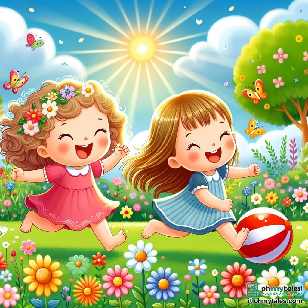 Illustrazione che rappresenta un giardino soleggiato, pieno di fiori colorati e alberi verdi. Al centro, due bambine, una con capelli castani e ricci, che indossa un vestito rosa, e l'altra con capelli biondi e lisci, vestita di blu. Stanno correndo gioiosamente verso una grande palla rossa che rotola sull'erba. La scena trasmette un'atmosfera di felicità e amicizia, con i raggi di sole che illuminano i loro volti sorridenti. Sullo sfondo, farfalle volano e un uccellino canta su un ramo, aggiungendo un tocco di magia a questo momento di gioco e complicità.