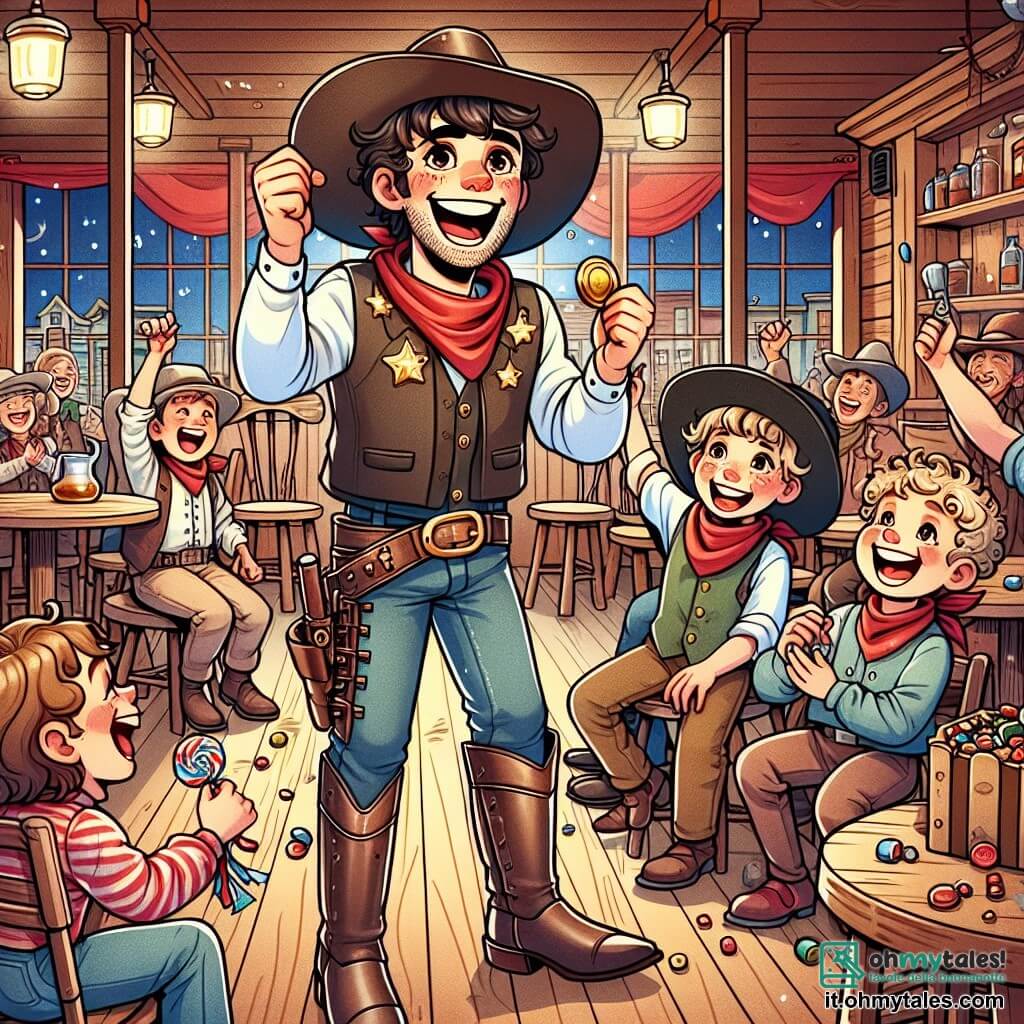 Une illustration sous forme de dessin destinée aux enfants représentant une scène animée dans un saloon du Far West, avec un jeune homme au grand cœur, portant un chapeau de cow-boy et des bottes brillantes, souriant joyeusement tout en tenant une médaille d'or dans une main et un sac de caramelles dans l'autre, entouré de plusieurs enfants aux visages ravis, dont une petite fille aux cheveux bouclés et une petite garçon avec un bandana rouge, tous célébrant ensemble la victoire du jeune homme après une compétition de cow-boys, avec des tables en bois, des chaises rustiques et une ambiance festive remplie de musique et de rires.