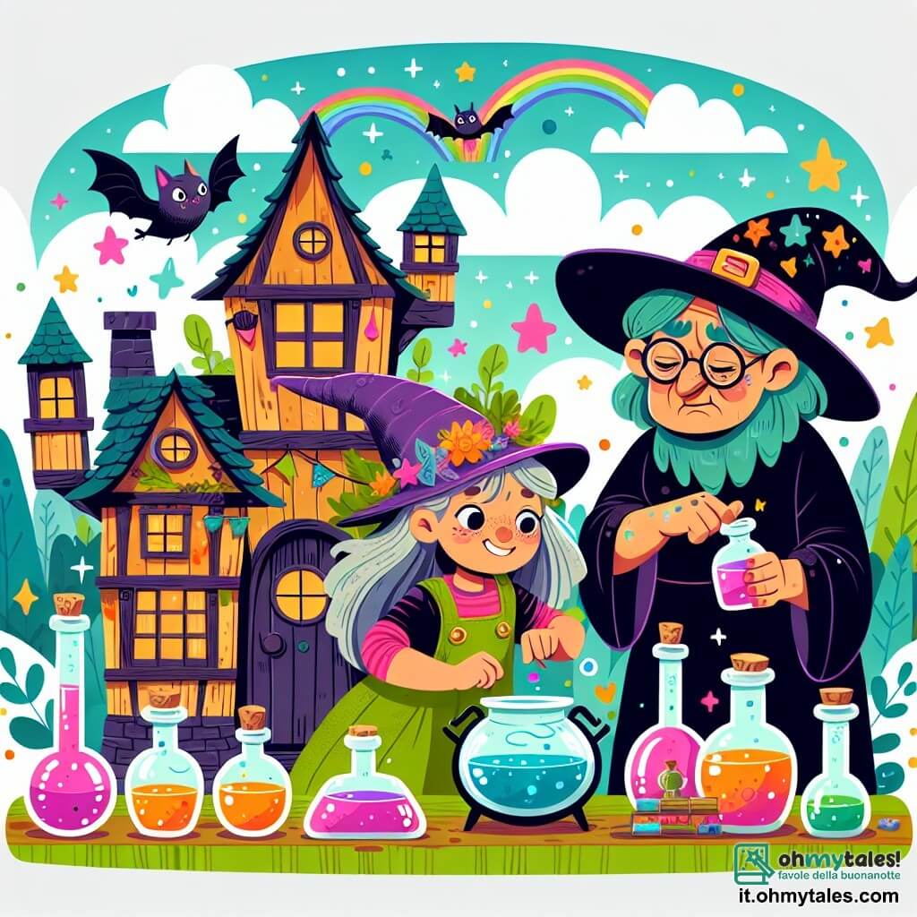 Une illustration destinée aux enfants représentant une jeune sorcière espiègle et créative, accompagnée d'une sorcière plus âgée et grincheuse, dans la colorée et magique Casa della Strega Bifolca, où elles préparent des potions ensorcelantes et vivent des aventures amusantes.