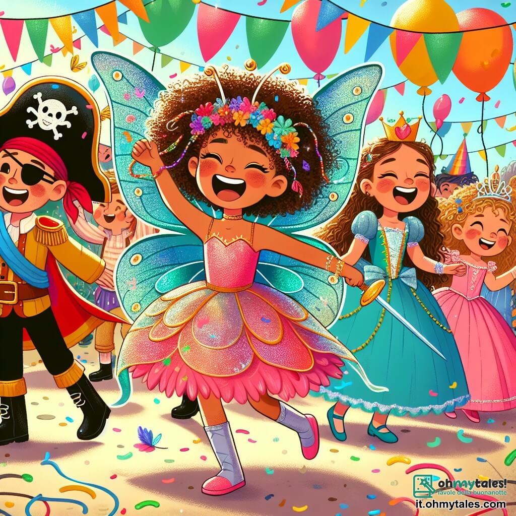 Une illustration sous forme de dessin destinée aux enfants représentant un joyeux cortège de carnaval dans une cour d'école ensoleillée, avec des ballons colorés et des guirlandes festives, où une fille de 10 ans, aux cheveux bouclés et brillants, vêtue d'un costume de farfalla aux ailes scintillantes, danse avec enthousiasme, entourée de ses amis : un garçon pirate avec un bandana rouge et une épée en plastique, et une fille princesse avec une robe rose et une couronne étincelante, tous riant ensemble alors qu'ils participent à la parade joyeuse et colorée, célébrant l'amitié et la créativité.