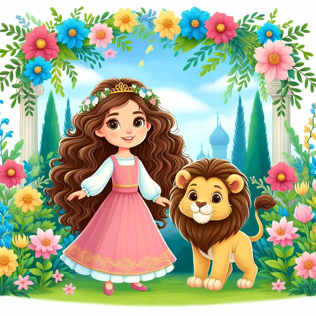 Une illustration destinée aux enfants représentant une jeune fille aux longs cheveux bouclés, debout dans un magnifique jardin fleuri, accompagnée d'un adorable lionceau, tous deux souriant, signifiant que l'histoire se déroule dans un lieu magique où les rêves deviennent réalité.