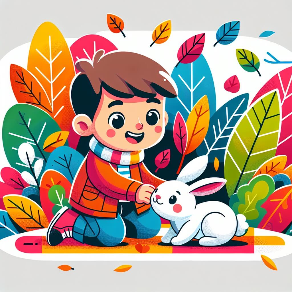 Une illustration destinée aux enfants représentant un jeune garçon joyeux en train de jouer avec un petit lapin blanc dans un parc coloré, parsemé de feuilles d'automne aux couleurs vives et éclatantes.