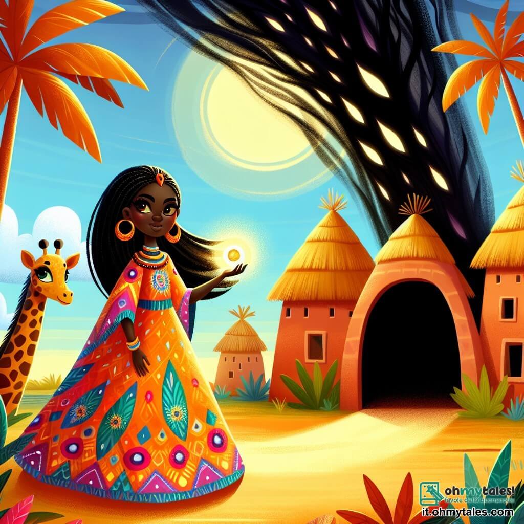 Une illustration sous forme de dessin destinée aux enfants représentant un village africain coloré, avec des maisons en terre cuite et des palmiers ondulant sous le vent, où une femme aux longs cheveux noirs et aux yeux brillants, vêtue d'une robe traditionnelle aux motifs vibrants, se tient courageusement devant une grotte sombre, brandissant une gemme lumineuse dans sa main, tandis qu'une jeune girafe aux taches dorées observe avec curiosité, et des ombres menaçantes s'échappent de la grotte, symbolisant le mal que la femme doit affronter pour restaurer la justice dans son village.