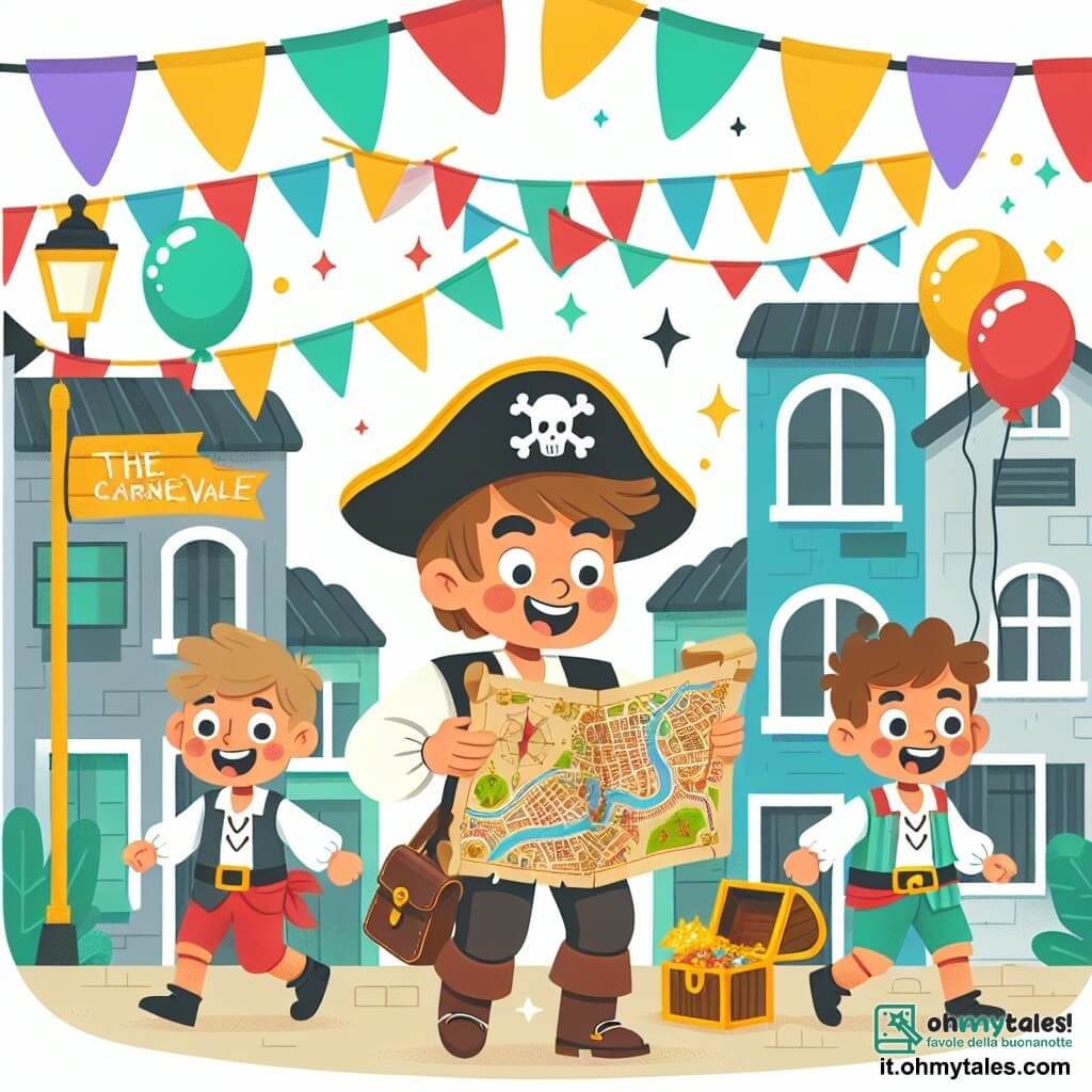 Une illustration destinée aux enfants représentant un jeune garçon enthousiaste portant un costume de pirate, découvrant une mystérieuse carte au trésor avec ses amis, dans une ville animée décorée de drapeaux colorés et de ballons pour le Carnevale.