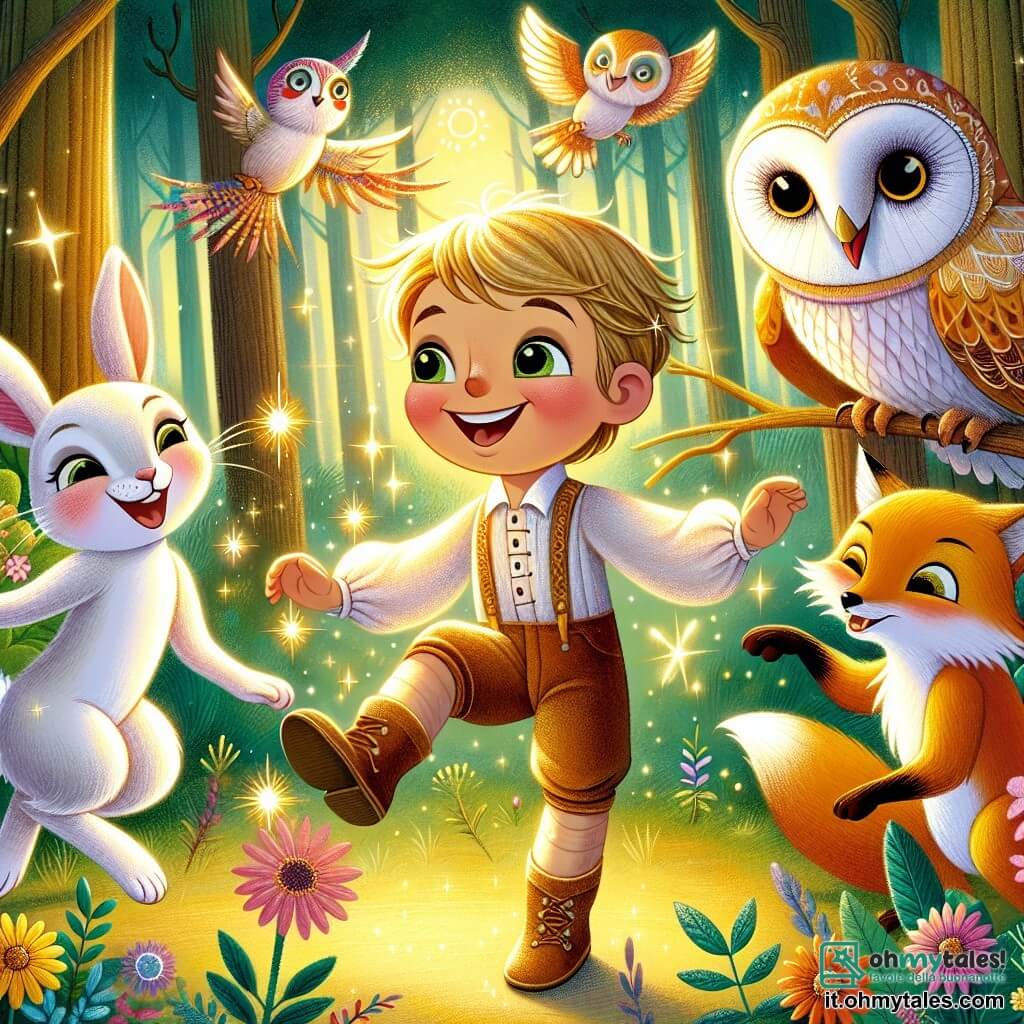 Une illustration sous forme de dessin destinée aux enfants représentant une clairière enchantée, baignée de lumière dorée, où un jeune garçon en bois, avec des yeux pétillants et un sourire espiègle, danse joyeusement au milieu d'animaux colorés : un coniglio blanc aux grandes oreilles qui rit, un sage hibou aux plumes chatoyantes qui observe avec curiosité, et une rusée renarde aux yeux malicieux qui écoute attentivement, alors qu'ils célèbrent ensemble la magie de l'amitié et de la solidarité, entourés de fleurs éclatantes et d'arbres majestueux.