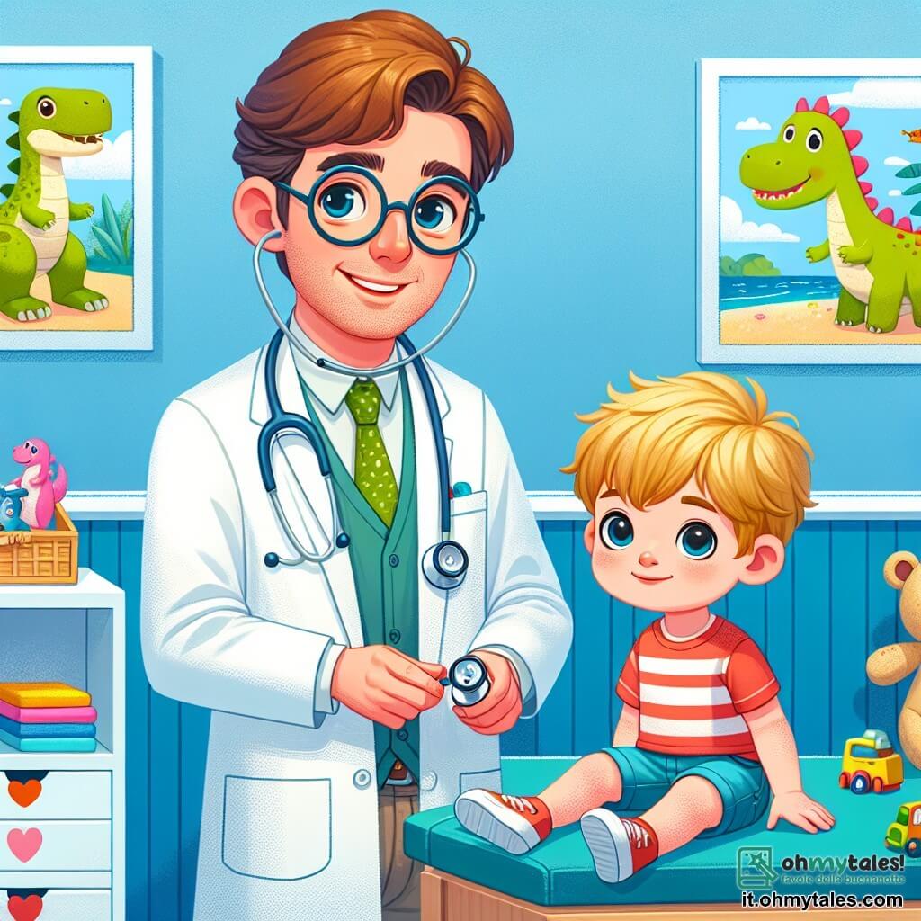 Illustration destinée aux enfants représentant un cabinet médical lumineux et accueillant, avec des murs peints en bleu ciel et des posters colorés de dinosaures et d'animaux. Au centre, un homme en blouse blanche, avec des cheveux bruns et des lunettes rondes, sourit chaleureusement tout en tenant un stéthoscope, prêt à écouter le cœur d'un jeune garçon aux cheveux blonds et aux yeux pétillants, qui regarde avec curiosité. Le garçon, vêtu d'un t-shirt rouge et d'un short bleu, est assis sur une table d'examen, un léger sourire sur le visage, tandis qu'un petit dinosaure en peluche est posé à côté de lui. L'atmosphère est joyeuse et rassurante, avec des jouets colorés éparpillés autour, illustrant le moment où le garçon découvre le monde fascinant de la médecine.