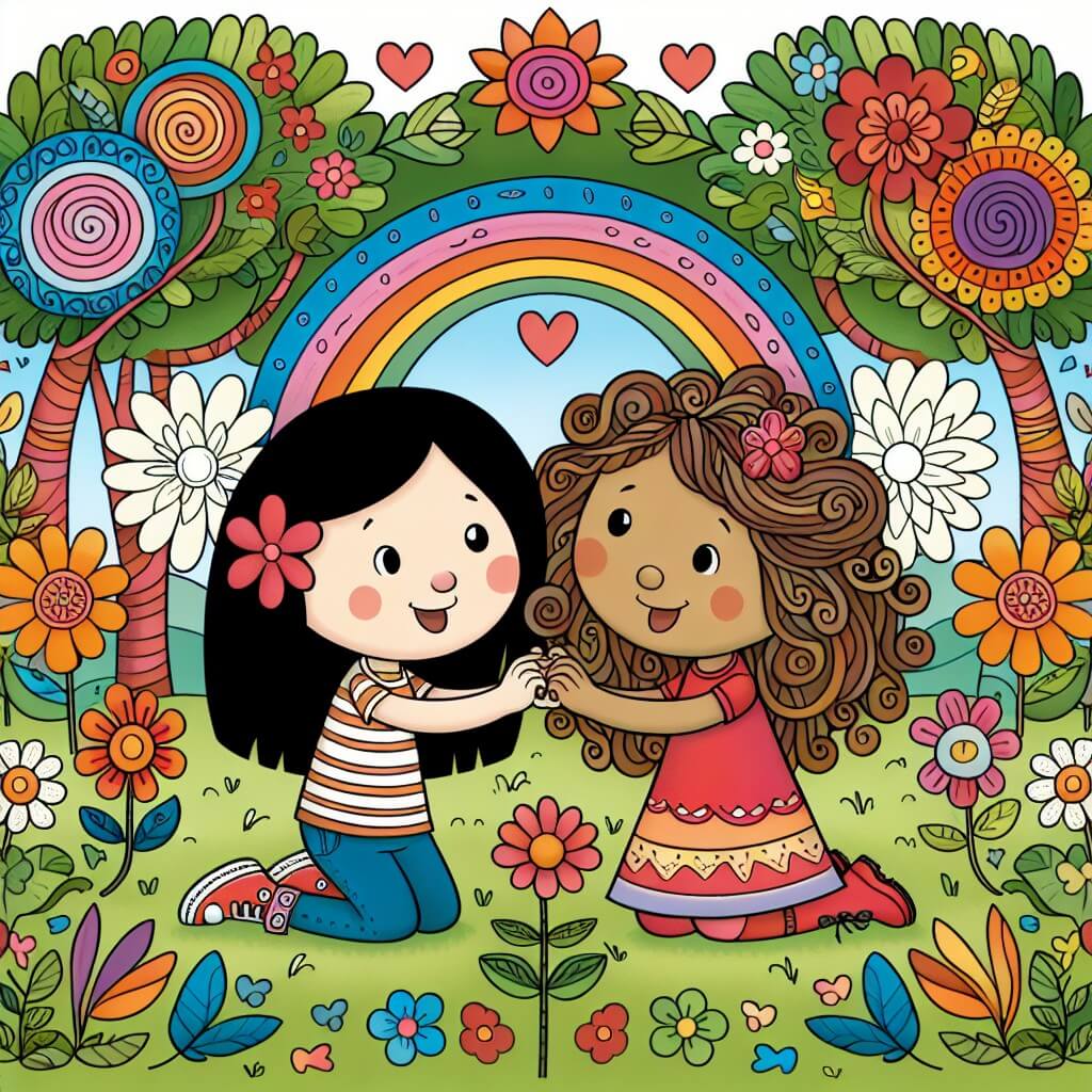 Une illustration destinée aux enfants représentant une petite fille curieuse et aimante, se liant d'amitié avec une autre fille aux longs cheveux bouclés dans un parc coloré rempli de fleurs et d'arbres joyeux.