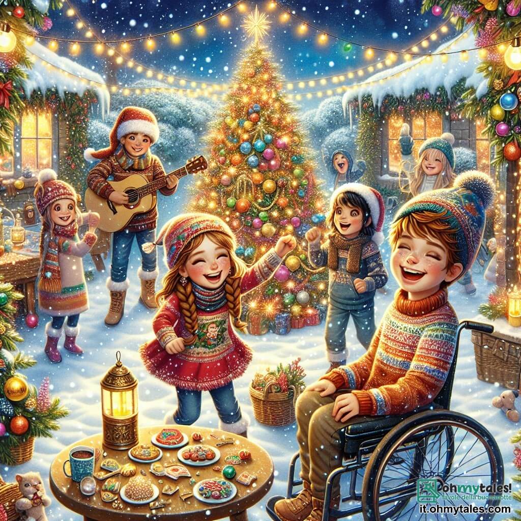 Illustrazione che rappresenta un giardino innevato decorato per Natale, con un grande albero scintillante al centro, adornato di ghirlande colorate e palline luccicanti. Fiocchi di neve cadono dolcemente dal cielo, creando un'atmosfera magica. In primo piano, un ragazzo di circa 10 anni, con capelli castani e occhi brillanti, sorride gioiosamente mentre tiene un grande striscione colorato su cui è scritto "Natale Insieme". Accanto a lui, una ragazza di 9 anni, con capelli biondi intrecciati e un maglione rosso, ride mentre decora un tavolino con biscotti di Natale. Dietro di loro, un ragazzo di 11 anni, con capelli castani e un cappello di Natale, suona la chitarra, mentre una ragazza di 10 anni, in sedia a rotelle, li guarda con un grande sorriso, tenendo una tazza di cioccolata calda. La scena trasmette un'atmosfera di amicizia e gioia, con luci scintillanti e bambini che si divertono insieme, incarnando lo spirito del Natale e la generosità. Regali colorati sono disposti intorno all'albero, aggiungendo un tocco festivo all'illustrazione.