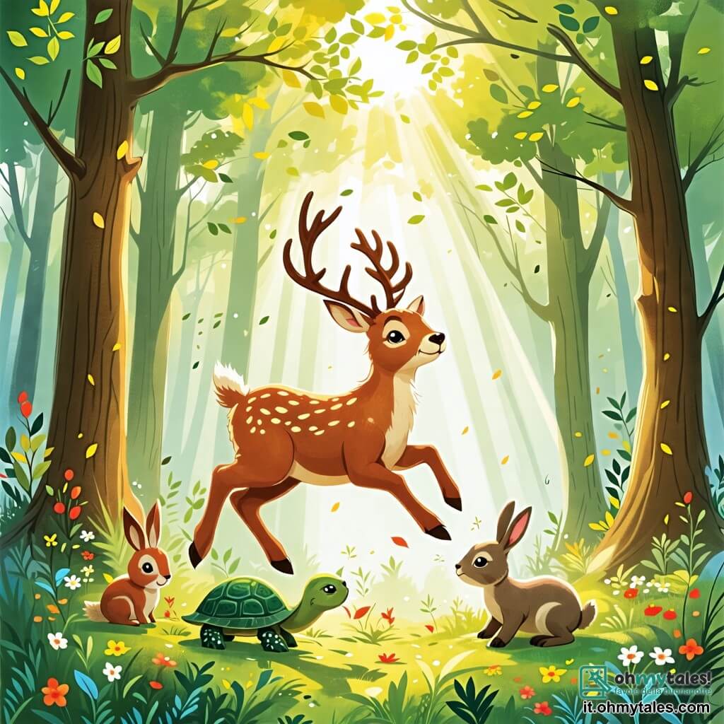 Une illustration sous forme de dessin destinée aux enfants représentant une forêt enchantée avec de grands arbres aux feuilles vertes éclatantes et des rayons de soleil filtrant à travers les branches, où un petit renne au pelage brun clair et aux cornes délicates, joyeusement en train de sauter, est entouré de son ami un petit lapin aux grandes oreilles blanches qui le regarde avec curiosité, ainsi que d'une tartaruga au dos vert qui mange paisiblement des feuilles, le tout dans une atmosphère ludique et colorée, illustrant leur aventure amusante à la recherche de baies délicieuses.