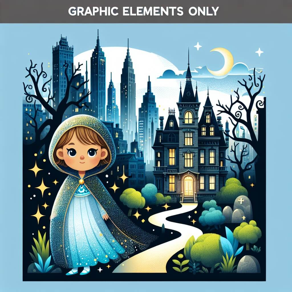 Une illustration destinée aux enfants représentant une jeune fille, vêtue d'une cape étincelante, se tenant devant un vieux manoir hanté au milieu d'une ville tentaculaire où les gratte-ciels semblent se fondre avec des arbres mystérieux et des ruelles pavées de magie.