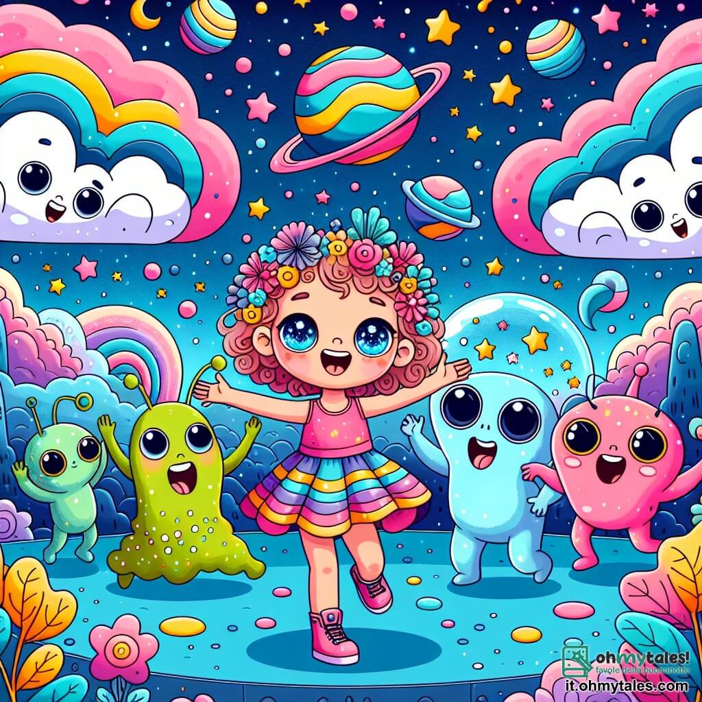 Une illustration sous forme de dessin destinée aux enfants représentant un paysage féerique du planète Arcobaleno, avec un ciel bleu intense parsemé de nuages roses et jaunes, où une petite fille de 5 ans aux cheveux bouclés et aux yeux pétillants, vêtue d'une robe colorée, danse joyeusement entourée d'aliens amicaux de différentes formes et couleurs, dont un alien en forme de nuage avec des yeux ronds et un sourire éclatant, qui l'encourage à danser, tandis qu'un autre alien en forme d'étoile applaudit avec enthousiasme, le tout illustrant un moment de partage et de joie lors d'une fête culturelle intergalactique.