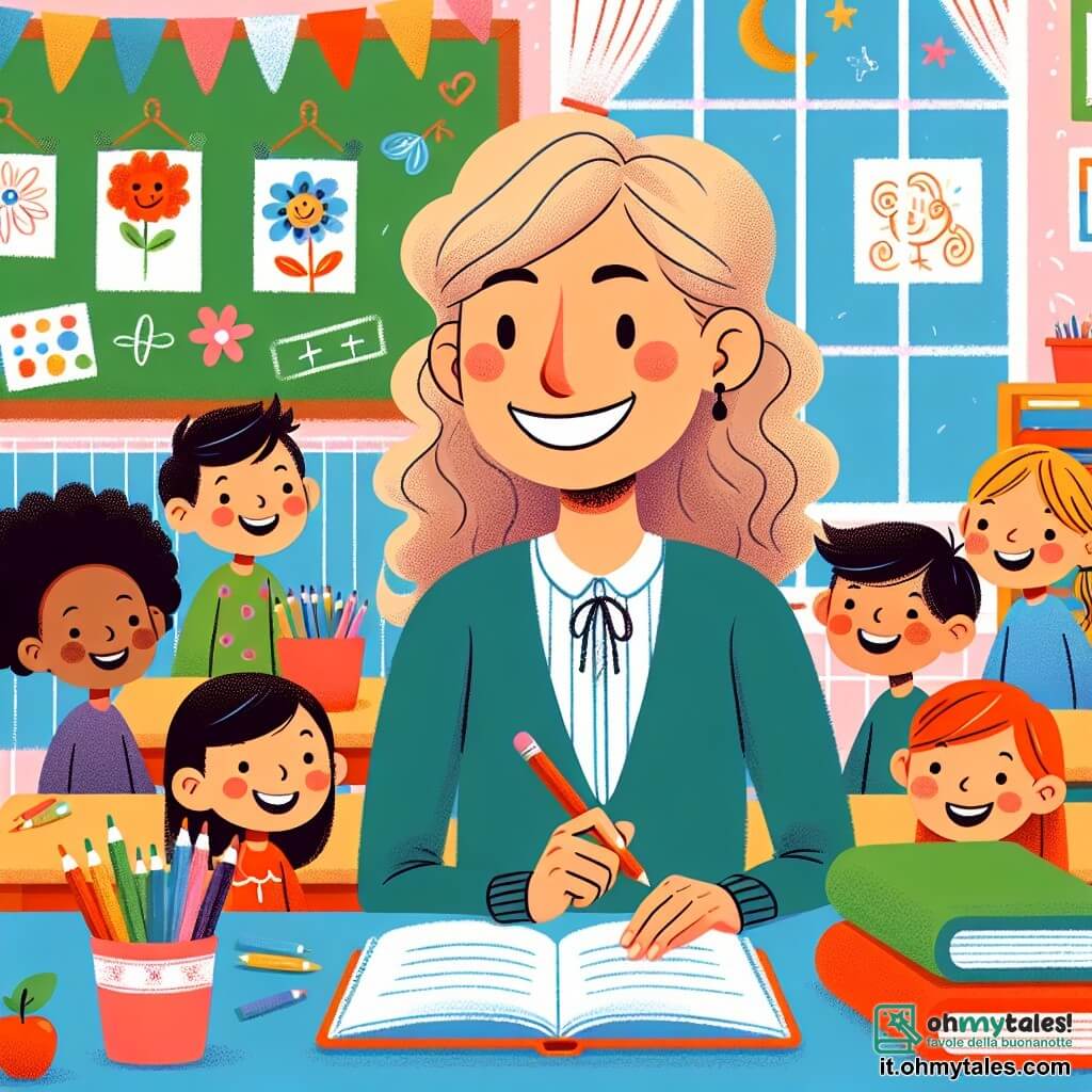 Une illustration destinée aux enfants représentant une institutrice souriante, entourée d'enfants joyeux, dans une salle de classe colorée remplie de livres, de crayons et de dessins accrochés aux murs, évoquant ainsi les histoires inspirantes d'enseignants passionnés qui se déroulent dans un lieu propice à l'apprentissage.