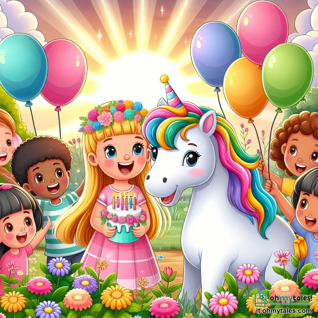 Une illustration destinée aux enfants représentant une fillette joyeuse fêtant son anniversaire entourée de ses amis, avec un magnifique poney blanc aux crins multicolores, dans un jardin en fleurs baigné par le soleil couchant.