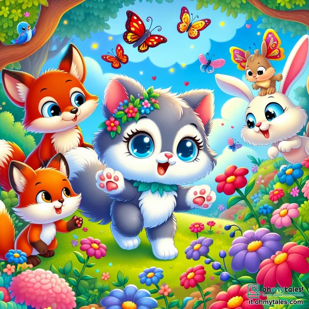 Une illustration sous forme de dessin destinée aux enfants représentant un jardin enchanté, rempli de fleurs colorées et de papillons dansants, où un petit chat aux yeux bleus brillants et au pelage doux comme une nuage, explore joyeusement les lieux, tandis qu'une volpe rousse malicieuse, un coniglio aux grandes oreilles blanches et un uccellino aux plumes éclatantes l'observent avec curiosité, tous réunis pour découvrir la magie de l'amitié et surmonter ensemble les défis d'un monde féerique.