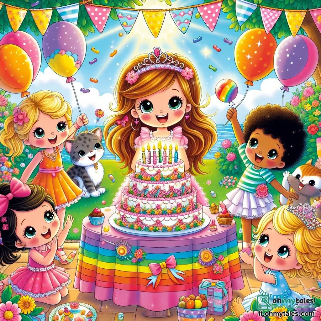 Illustrazione che rappresenta una festa di compleanno gioiosa in un giardino soleggiato. Il giardino è pieno di fiori colorati, palloncini fluttuanti e un grande tavolo decorato con una tovaglia arcobaleno, su cui riposa una magnifica torta a più piani, guarnita di candele scintillanti. Al centro dell'immagine, una bambina di quattro anni, con lunghi capelli castani e occhi scintillanti, indossa un vestito rosa a volant. Sorride felicemente, circondata dalle sue amiche. Alla sua destra, una ragazza dai capelli biondi e ricci, di quattro anni, tiene un cupcake tra le mani, con gli occhi brillanti di eccitazione. Alla sua sinistra, una bambina dai capelli neri, anch'essa di quattro anni, indossa un braccialetto colorato e alza le braccia in alto, piena di energia. La scena principale mostra i bambini che cantano "Buon Compleanno" attorno al tavolo, mentre la bambina soffia sulle candeline della sua torta. Risate e sorrisi illuminano i loro volti. Sullo sfondo, un gatto curioso dai peli grigi gioca con un nastro colorato, aggiungendo un tocco di magia a questa scena festiva.