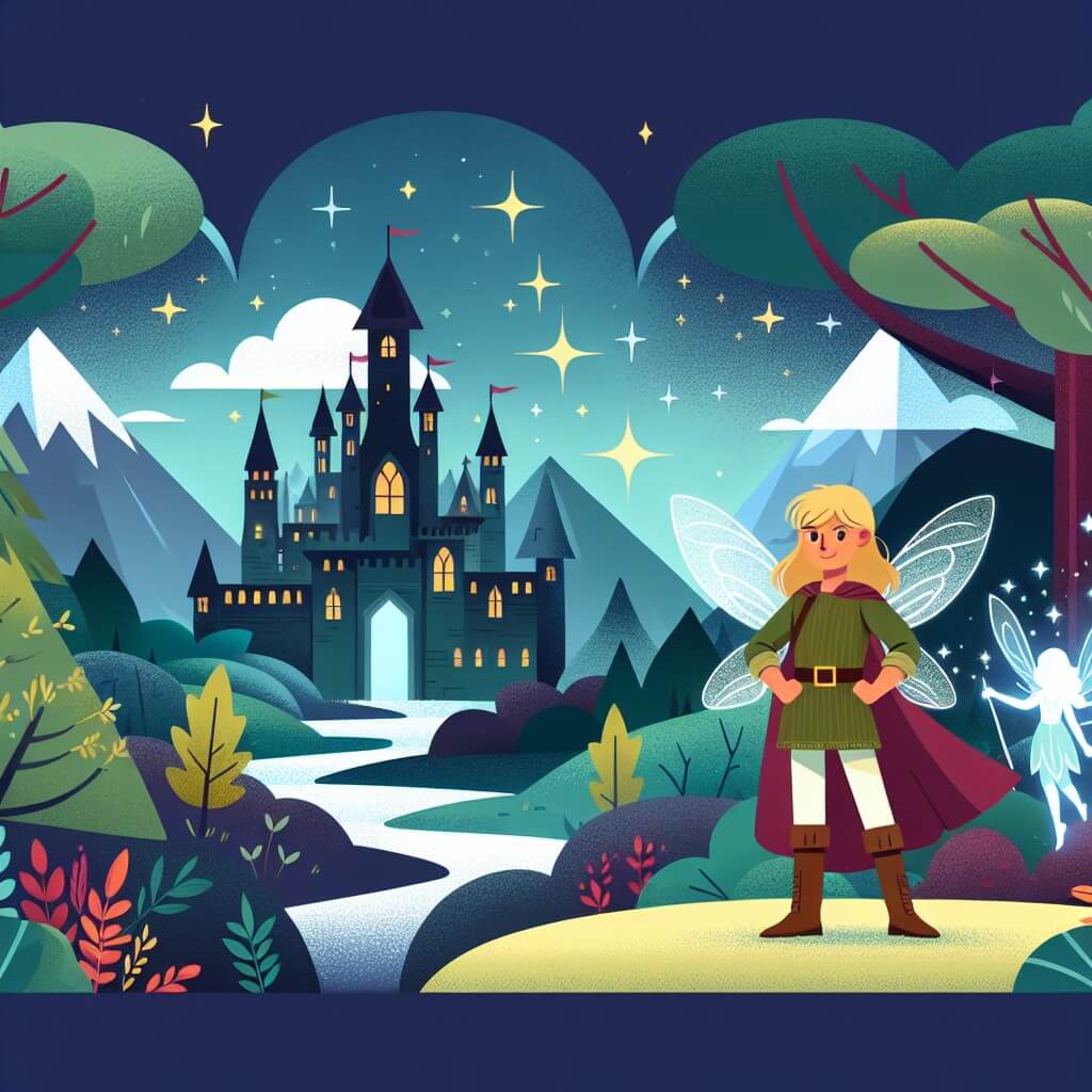 Une illustration destinée aux enfants représentant une jeune femme courageuse et déterminée, se tenant fièrement devant un sombre château ensorcelé, accompagnée d'une fée lumineuse, dans un royaume enchanté rempli de forêts verdoyantes, de montagnes majestueuses et de rivières scintillantes.