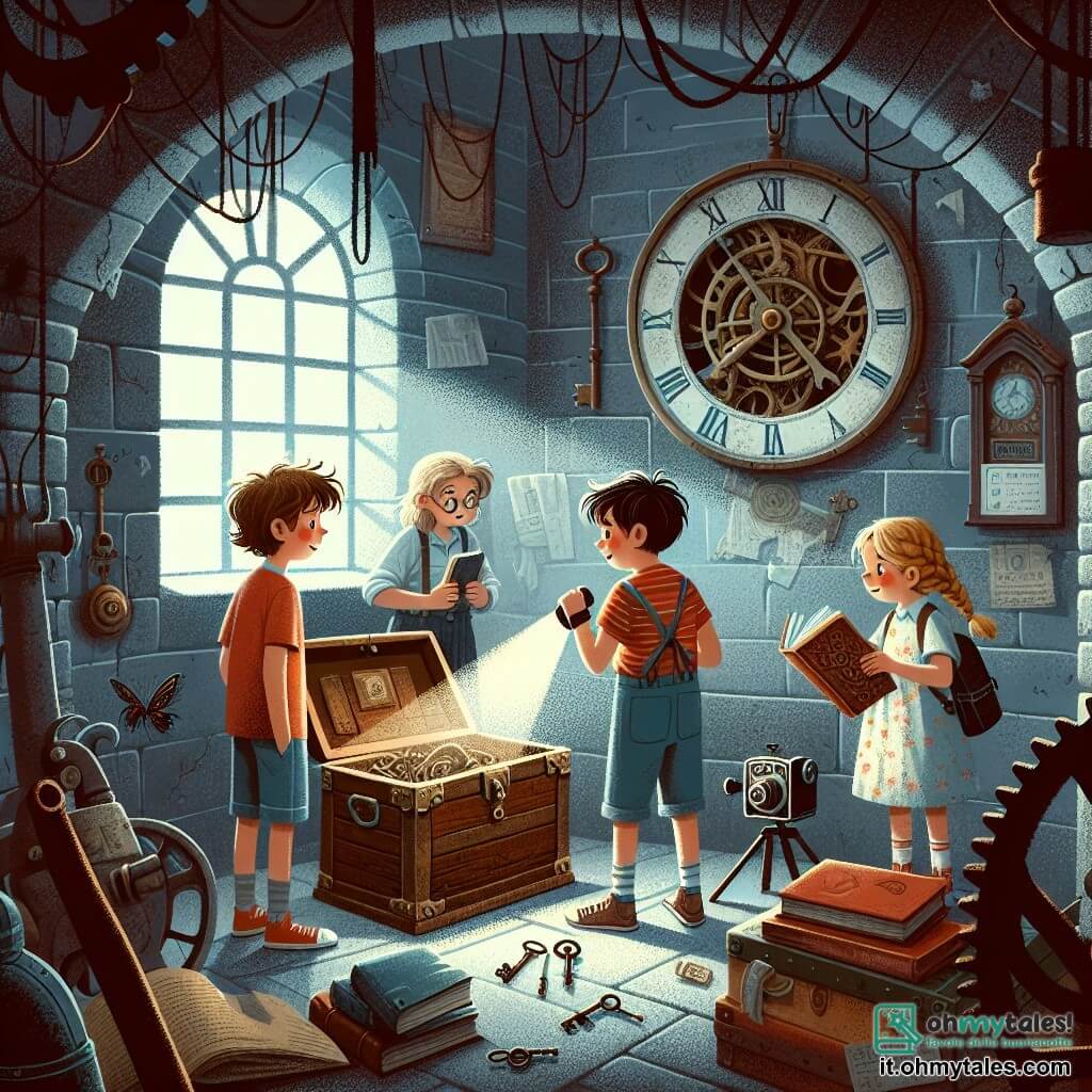 Illustrazione che rappresenta una scena all'interno di una vecchia torre dell'orologio. La stanza è buia e polverosa, con muri in pietra grigia e ragnatele appese negli angoli. Al centro, un grande baule di legno è aperto, rivelando chiavi antiche e un piccolo diario. Tre bambini si trovano intorno al baule: un ragazzo di nove anni con capelli castani disordinati, indossa una maglietta rossa e pantaloni corti blu, guarda con meraviglia il contenuto del baule. Accanto a lui, una ragazza di nove anni con capelli biondi intrecciati, vestita con un abito a fiori, tiene un vecchio libro e scruta attentamente le pagine. Infine, un altro ragazzo di dieci anni, con occhiali e capelli castani, esamina una vecchia macchina fotografica su un treppiede, con aria curiosa. La scena principale mostra i bambini in piena scoperta, i loro volti illuminati dalla luce delle torce, mentre esplorano un segreto nascosto da tempo nella torre. Elementi grafici aggiuntivi includono ingranaggi arrugginiti, foto antiche appese ai muri e un'atmosfera misteriosa, creando un clima di avventura e curiosità.