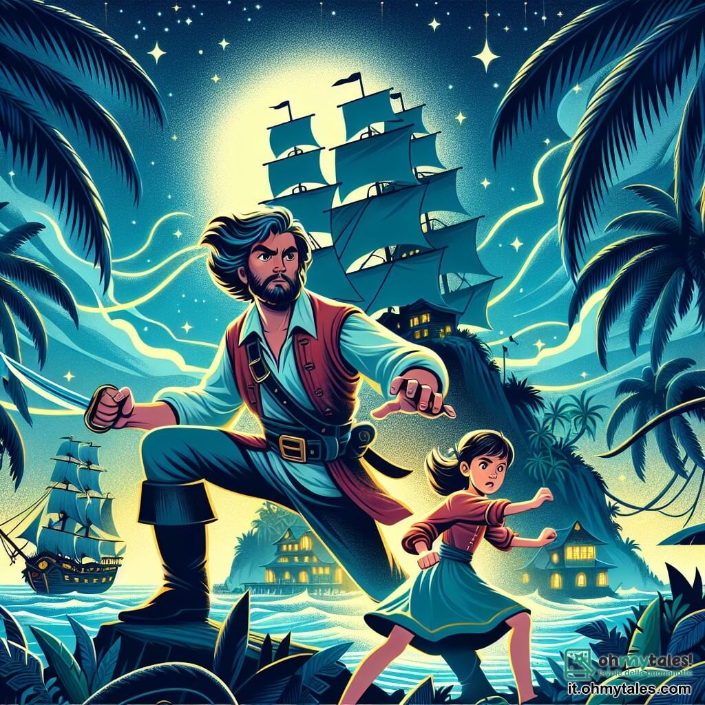 Une illustration destinée aux enfants représentant un homme courageux, une bataille épique contre des pirates ennemis, une jeune fille intrépide et une île mystérieuse recouverte de palmiers ondulant sous un ciel étoilé.