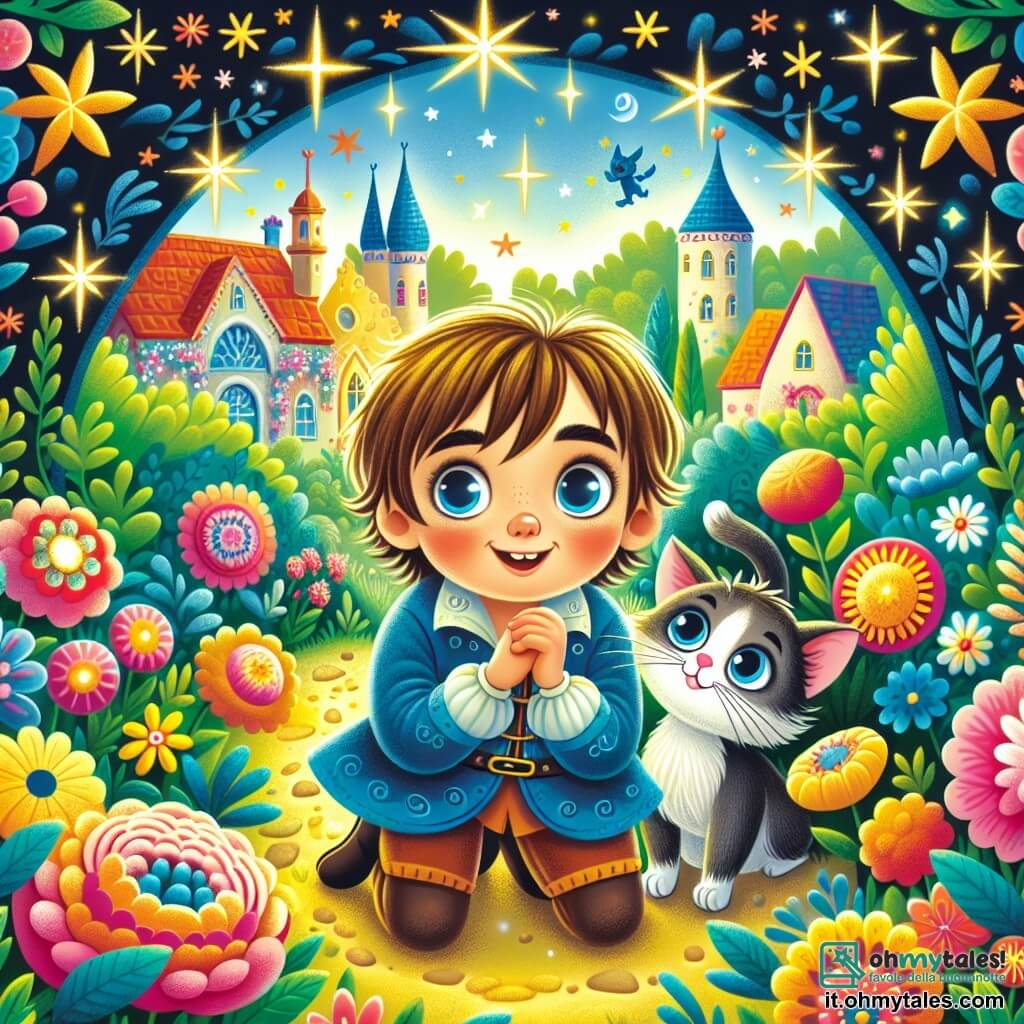 Une illustration destinée aux enfants représentant un garçon curieux, un chat malicieux, et un jardin enchanté rempli de fleurs multicolores et d'étoiles scintillantes.