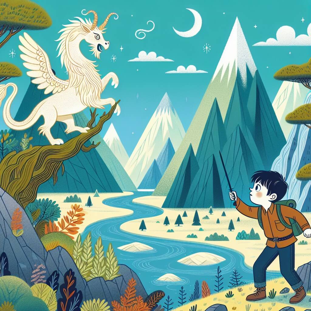 Une illustration destinée aux enfants représentant un jeune garçon intrépide se lançant dans un défi impossible avec l'aide d'un mystérieux animal parlant, dans un paysage enchanteur où les montagnes se dressent majestueusement, les rivières scintillent sous le soleil et les arbres semblent murmurer des secrets.