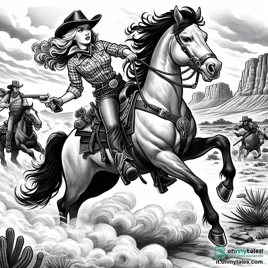 Une illustration destinée aux enfants représentant une courageuse cowgirl, chevauchant son fidèle destrier Lucky, affrontant des bandits dans la poussière tourbillonnante du Far West.