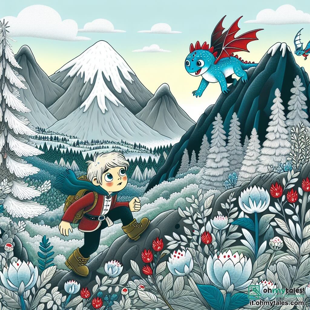 Une illustration destinée aux enfants représentant un petit garçon intrépide se lançant le défi impossible de grimper au sommet d'une montagne escarpée, accompagné d'un drôle de petit dragon bleu à pois rouges, dans une vallée enchantée aux arbres aux feuilles argentées et aux fleurs lumineuses.