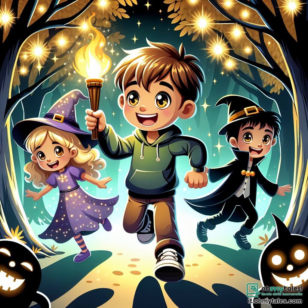 Une illustration sous forme de dessin destinée aux enfants représentant une forêt enchantée d'Halloween, avec des arbres aux feuilles dorées et des lumières scintillantes, au centre un garçon de 12 ans aux cheveux bruns et aux yeux pétillants, tenant une torche et affichant un grand sourire, entouré de deux amis : une fille aux cheveux blonds et bouclés, portant un costume de sorcière, et un garçon aux cheveux noirs, vêtu d'un déguisement de vampire, tous trois dansant joyeusement avec des ombres lumineuses et des créatures amicales qui flottent autour d'eux, illustrant leur aventure magique pour célébrer Halloween.