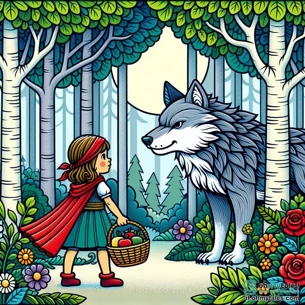 Une illustration destinée aux enfants représentant une petite fille courageuse, se tenant debout avec un panier de fruits à la main, face à un grand loup effrayant, dans une forêt enchantée aux arbres majestueux et aux fleurs colorées.