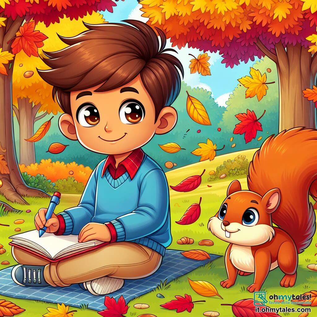 Une illustration sous forme de dessin destinée aux enfants représentant un jardin coloré en automne, avec des feuilles jaunes, oranges et rouges tombant des arbres, où un garçon de 7 ans aux cheveux bruns et aux yeux pétillants, vêtu d'un pull bleu et d'un pantalon beige, est assis sur l'herbe, un quaderno à la main, en train de dessiner et d'écrire, tandis qu'un petit écureuil au pelage roux, avec une queue touffue, s'approche curieusement pour observer ce qu'il fait, capturant l'esprit d'aventure et de découverte de l'automne.