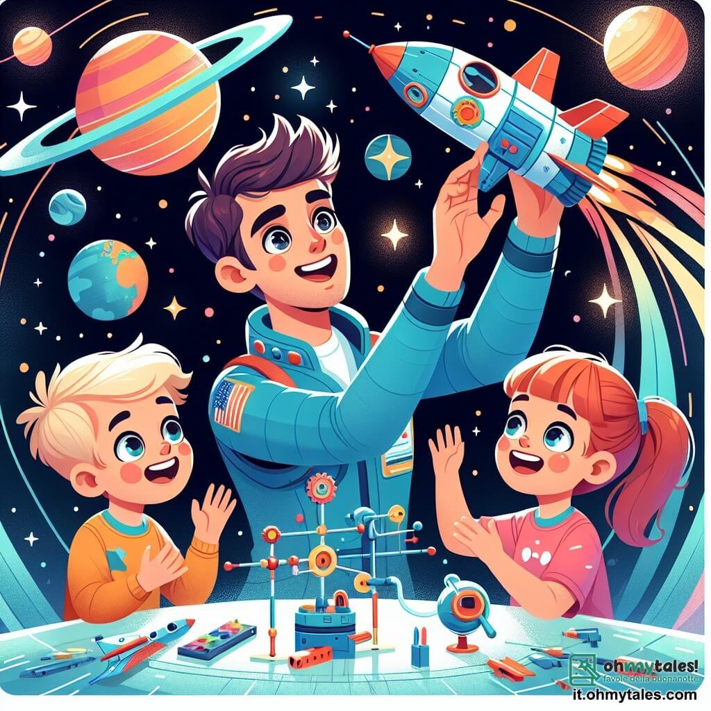Une illustration sous forme de dessin destinée aux enfants représentant une station spatiale colorée flottant dans l'immensité de l'espace, avec un homme aux cheveux bruns et aux yeux pétillants, vêtu d'une combinaison spatiale bleue, souriant joyeusement tout en montrant aux enfants émerveillés, deux garçons aux cheveux blonds et une fille aux cheveux roux, comment construire un petit vaisseau spatial avec des pièces brillantes, le tout baigné dans une lumière étoilée et entouré de planètes colorées.