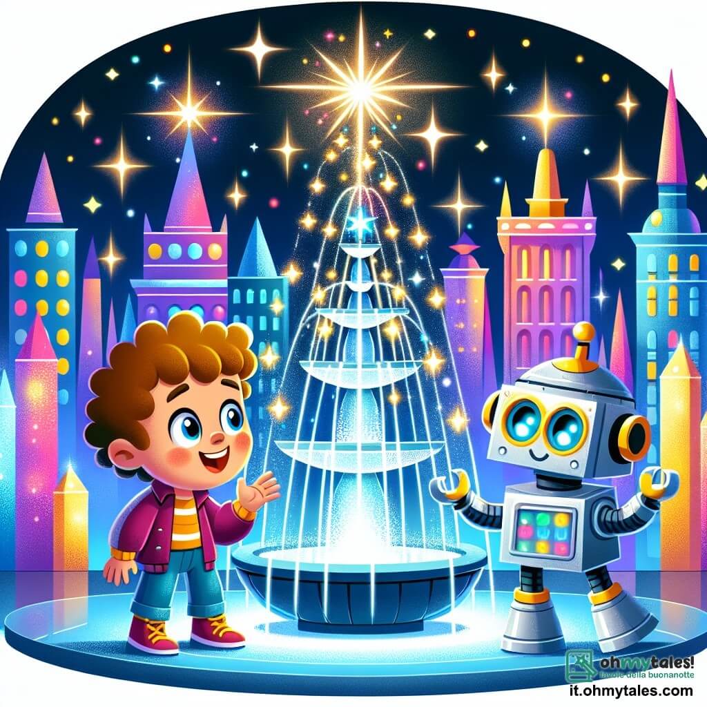 Une illustration sous forme de dessin destinée aux enfants représentant une ville futuriste colorée avec des bâtiments scintillants et des lumières dansantes, où un garçon de 5 ans aux cheveux bouclés et au grand sourire se tient émerveillé devant une fontaine magique qui brille comme mille étoiles, tandis qu'un robot amical aux formes arrondies et aux yeux lumineux l'observe avec joie, et un autre robot, un peu plus grand, tente de danser avec des mouvements maladroits, le tout dans une atmosphère festive et pleine de magie, illustrant le moment où le garçon aide à restaurer l'énergie de la ville.
