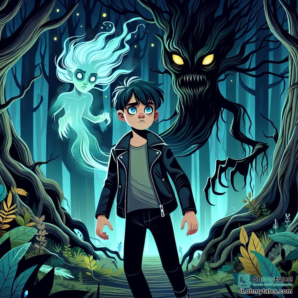 Une illustration sous forme de dessin destinée aux enfants représentant une vaste et mystérieuse forêt sombre, où un garçon de 11 ans aux yeux azur et aux cheveux noirs, vêtu d'un giubbotto de cuir, se tient courageusement devant un arbre gigantesque aux racines serpentines, tandis qu'une créature éthérée, un esprit fait de feuilles et d'ombres avec des yeux jaunes brillants, émerge des ombres pour l'encourager à affronter ses peurs, créant une atmosphère à la fois inquiétante et magique, où le courage et la curiosité se mêlent à l'inconnu.